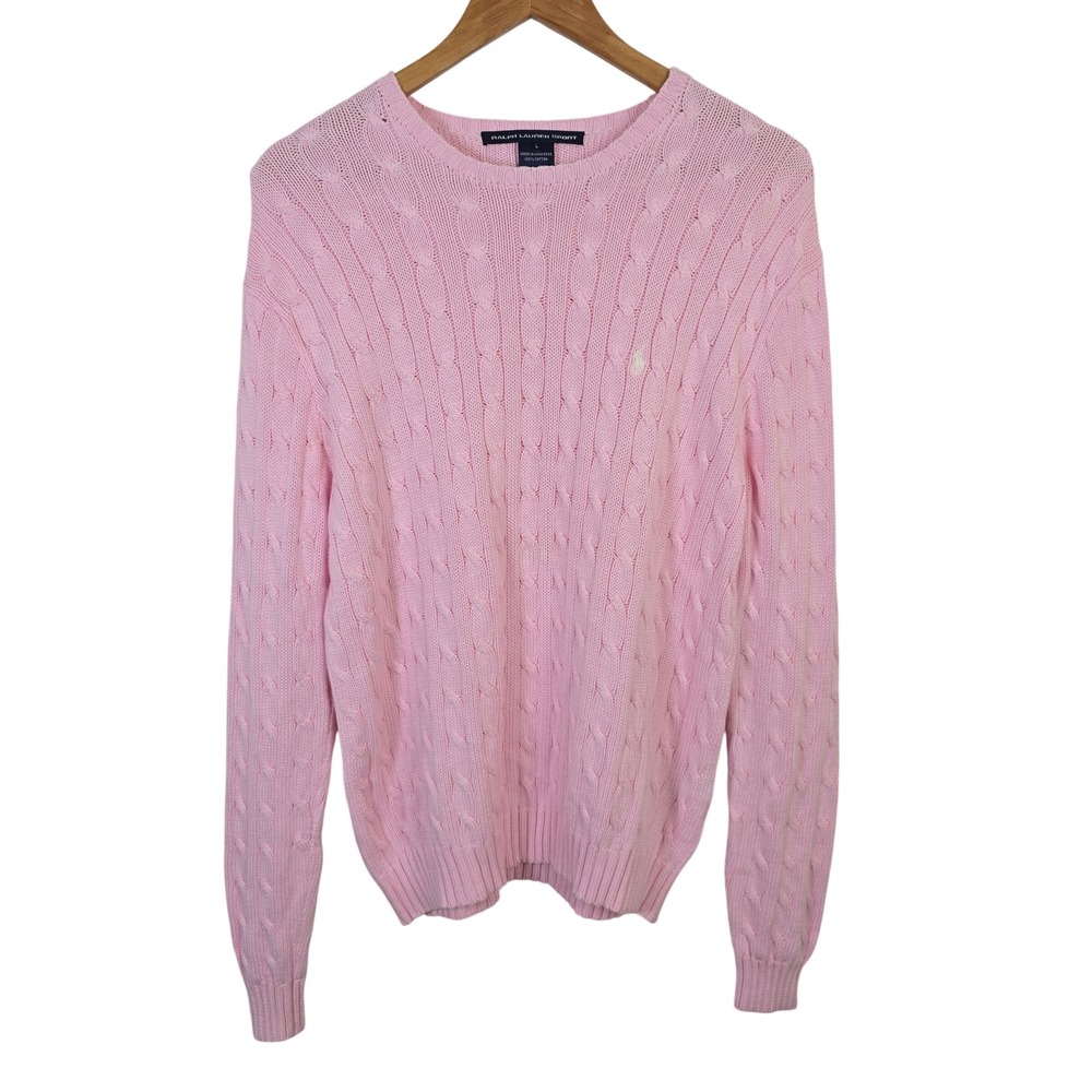 Ralph Lauren Sport Pink Cable Knit Cotton Crew Neck Sweater Womens Large